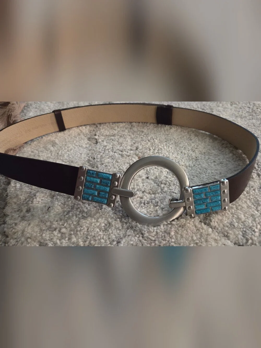 Chico's Adjustable Brown Leather Belt with Turquoise Inlay & Silver Buckle